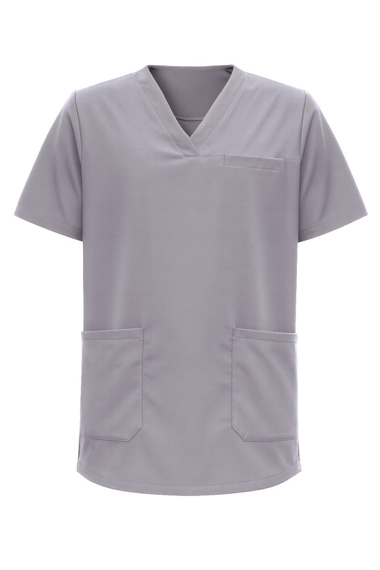 Kuvassa harmaa lyhythihainen työpaita. Edessä rintatasku ja alataskut. V-pääntie. 