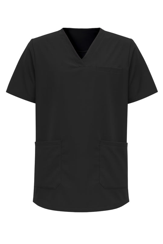 Kuvassa musta lyhythihainen työpaita. Edessä rintatasku ja alataskut. V-pääntie. 