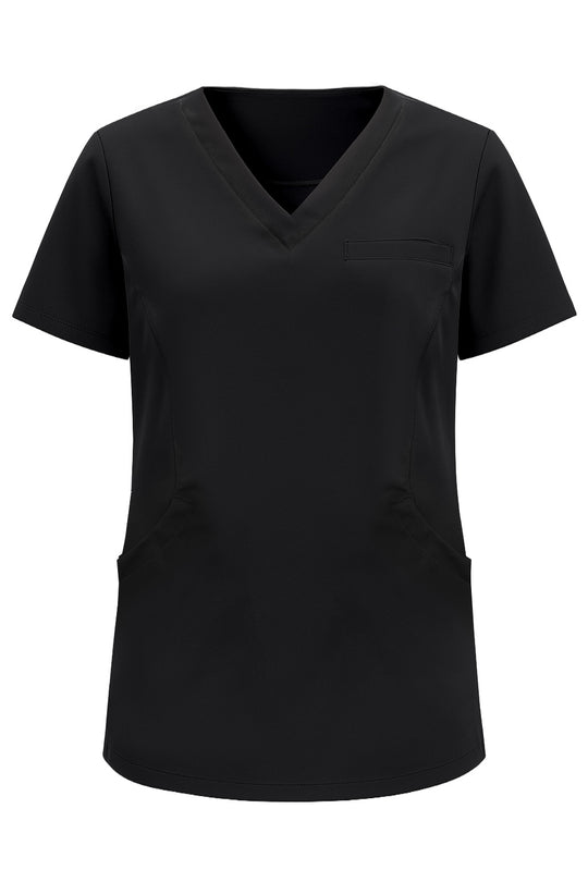 Image Wearin musta lyhythihainen työpaita esim. hoitotyöhön. Edessä rintatasku ja alataskut. V-pääntie. Aavistuksen tyköistuva. 