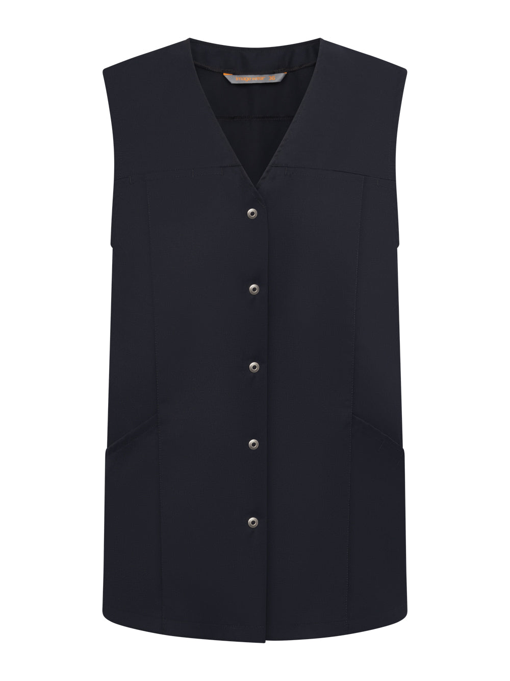 Tummansininen suora neppariliivi, unisex malli. Edessä nepparikiinnitys ja taskut. V-pääntie. 