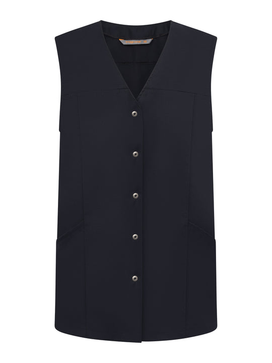 Tummansininen suora neppariliivi, unisex malli. Edessä nepparikiinnitys ja taskut. V-pääntie. 