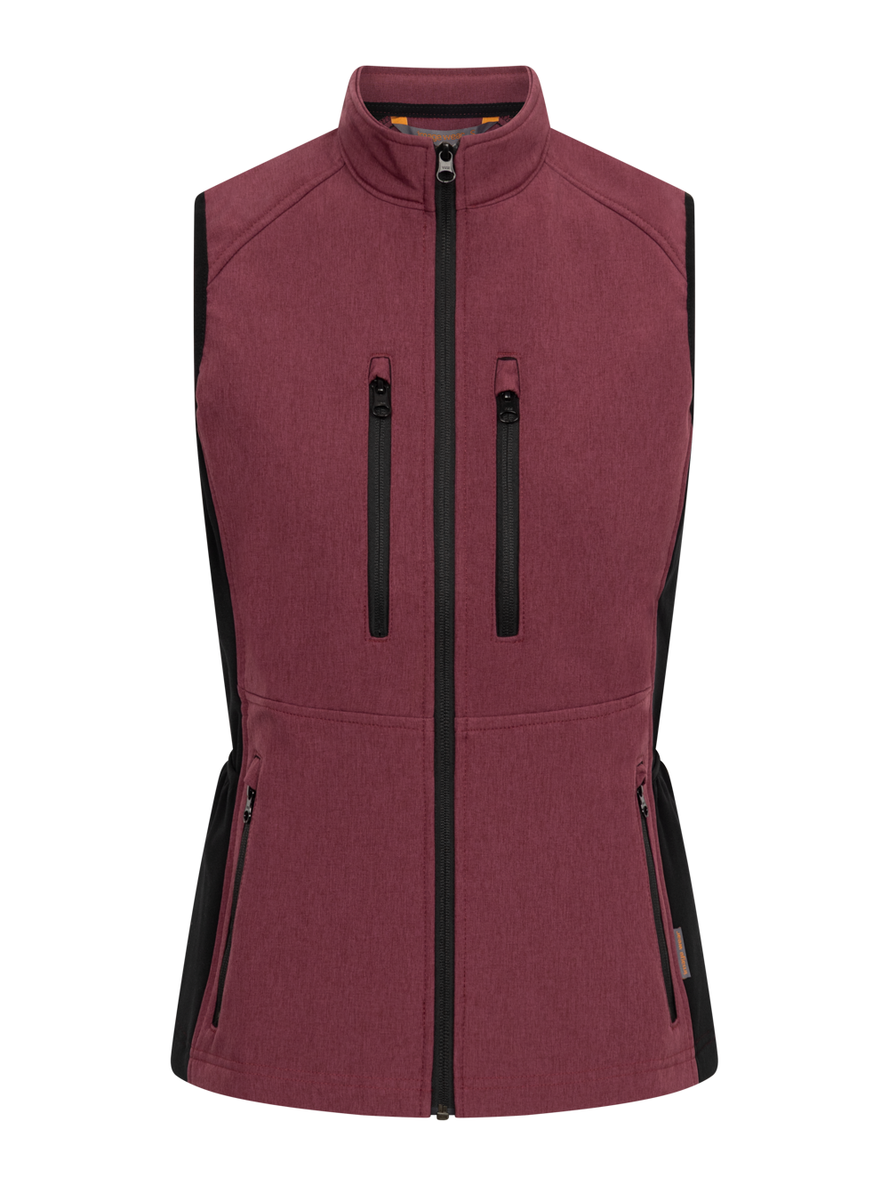 Meleerattu viininpunainen Vire-malliston softshell-liivi. Edessä vetoketju ja vetoketjulliset ylä-ja alataskut. 