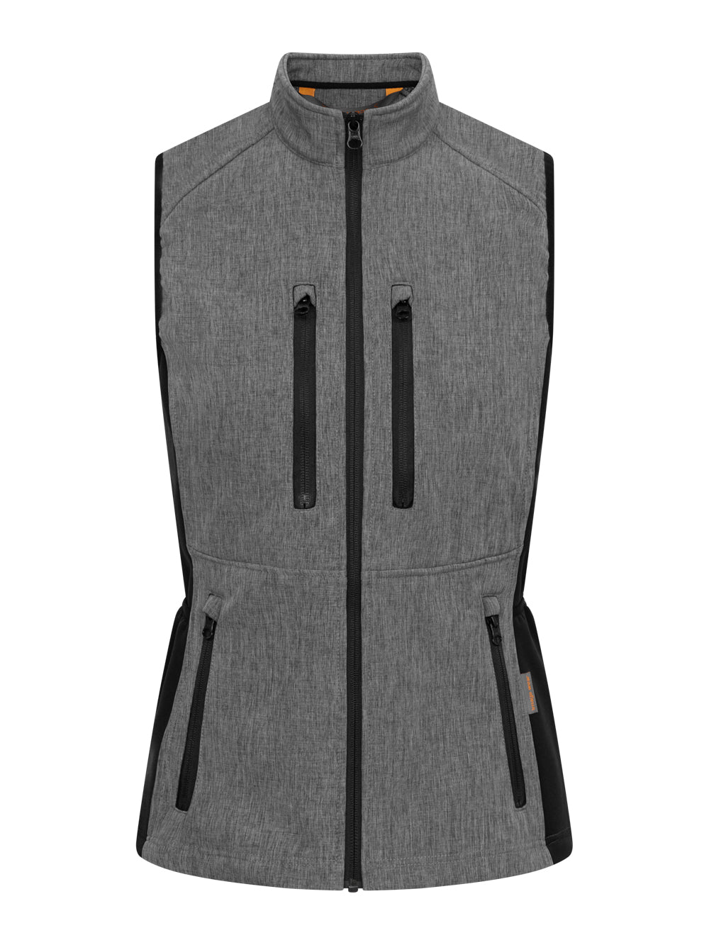 Harmaa Vire-malliston softshell-liivi. Edessä vetoketju ja vetoketjulliset ylä-ja alataskut. 