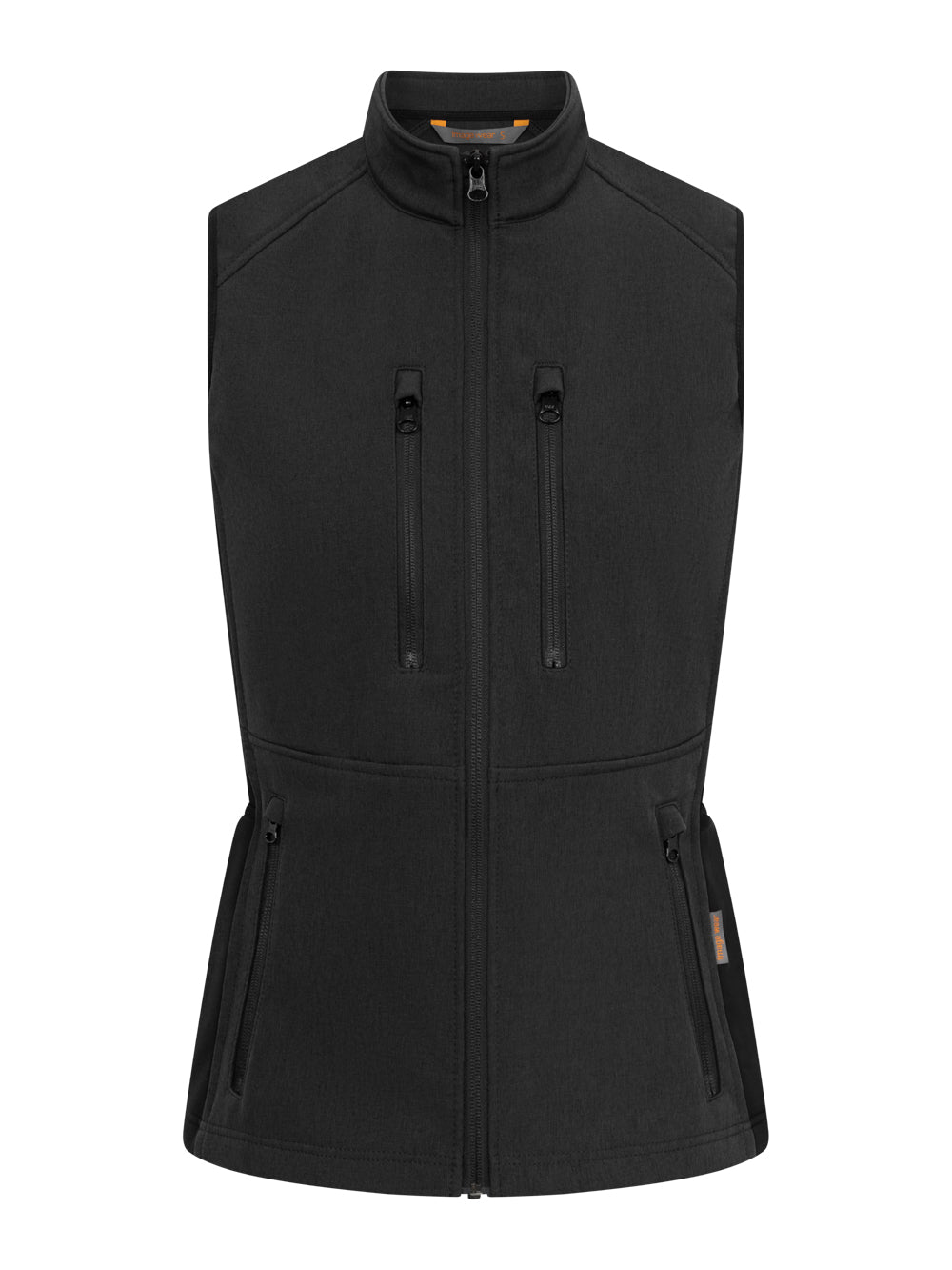 Musta Vire-malliston softshell-liivi. Edessä vetoketju ja vetoketjulliset ylä-ja alataskut. 