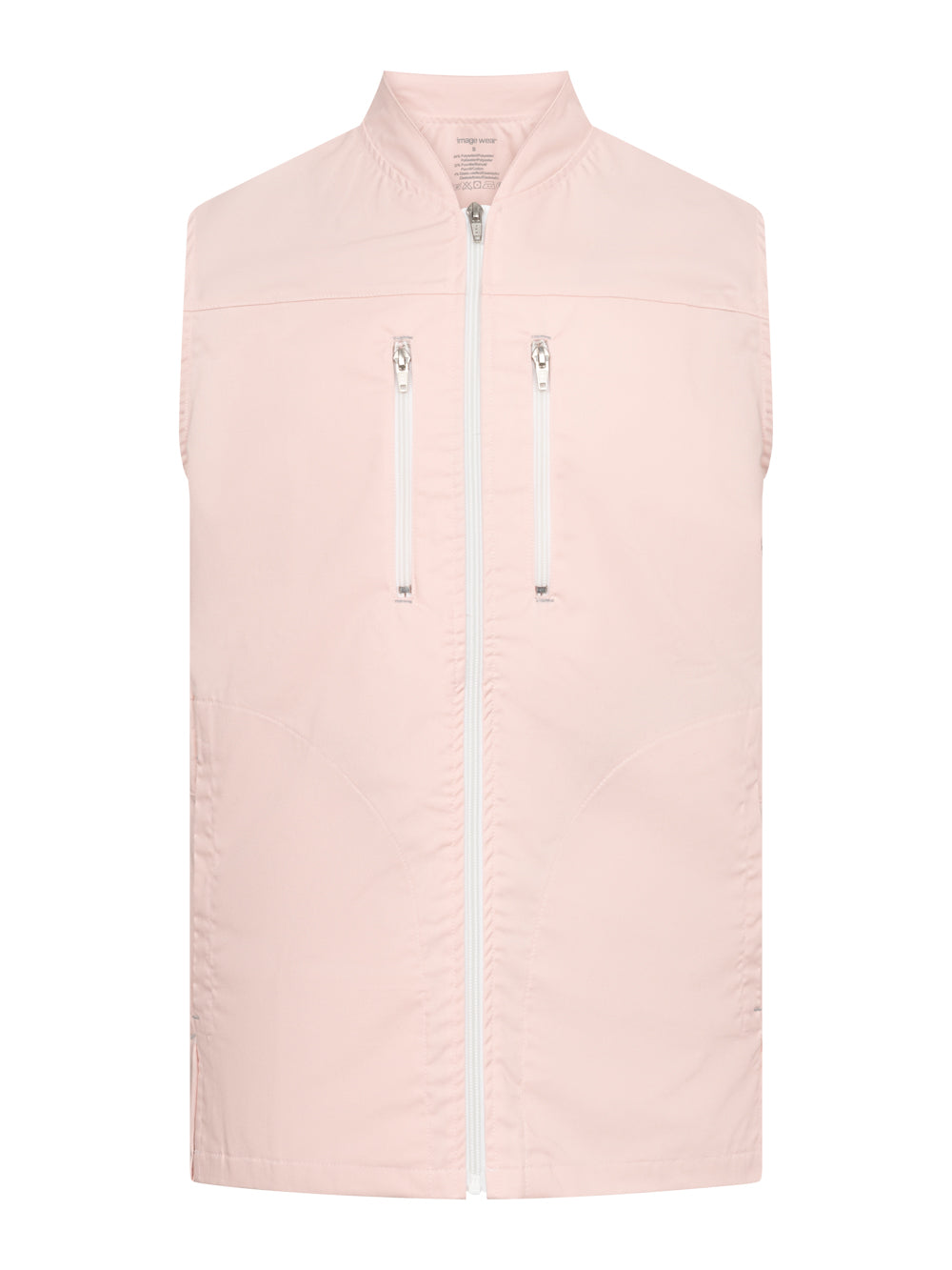 Unisex liivi hoitoalalle. Vaaleanpunainen, valkoiset vetoketjutaskut ja vetoketjukiinnitys. 