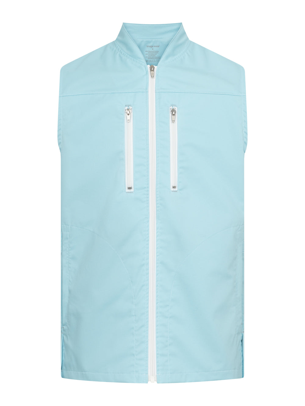 Unisex liivi hoitoalalle. Vaaleansininen/ turkoosi, valkoiset vetoketjutaskut ja vetoketjukiinnitys. 