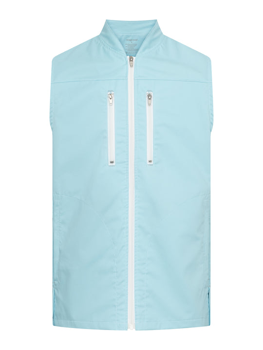 Unisex liivi hoitoalalle. Vaaleansininen/ turkoosi, valkoiset vetoketjutaskut ja vetoketjukiinnitys. 