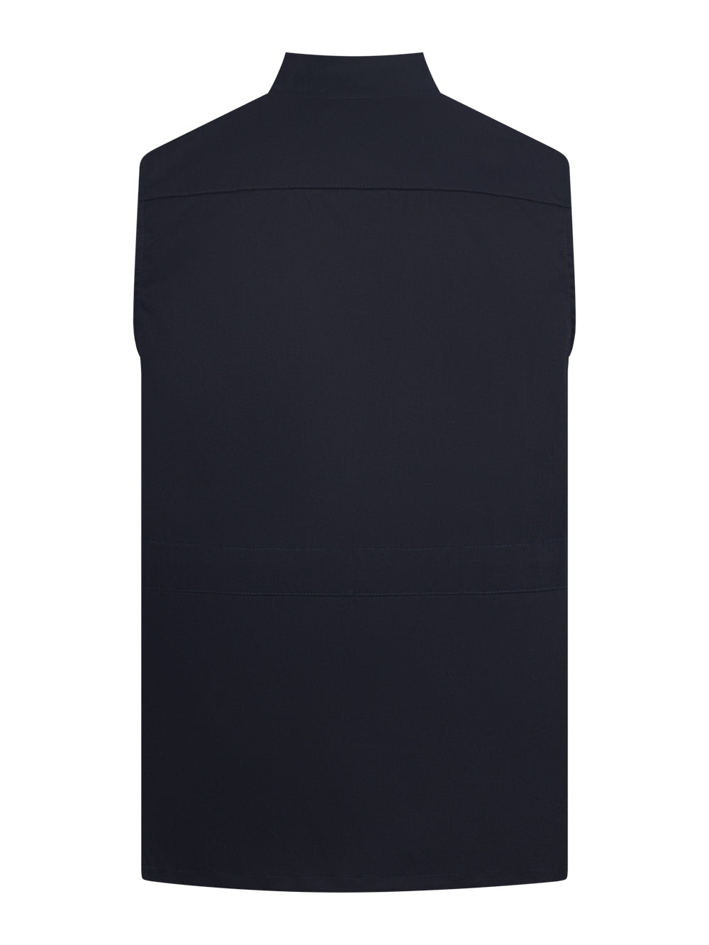 Tummansininen unisex työliivi takaapäin kuvattuna. 