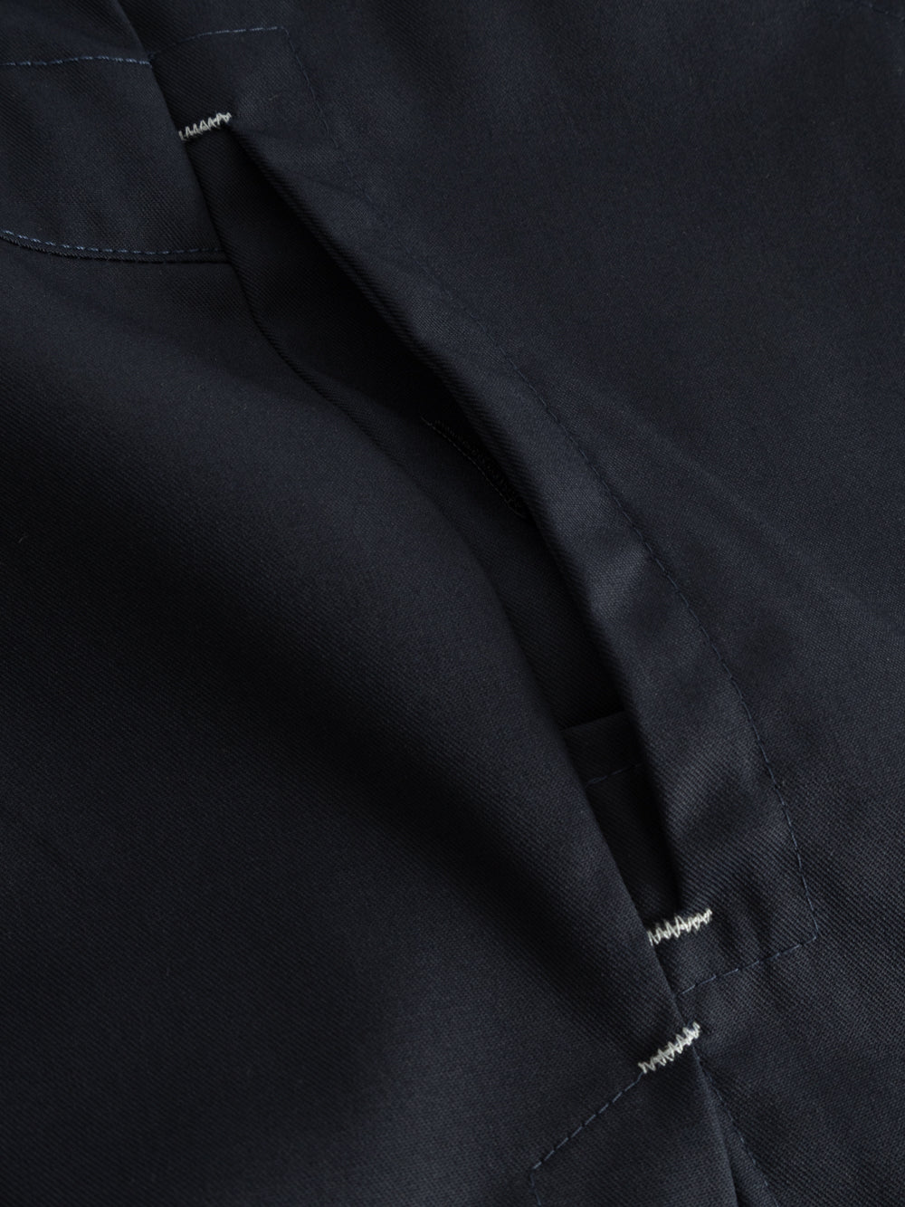 Yksityiskohtakuva tummansinisen työliivin sivutaskusta. 