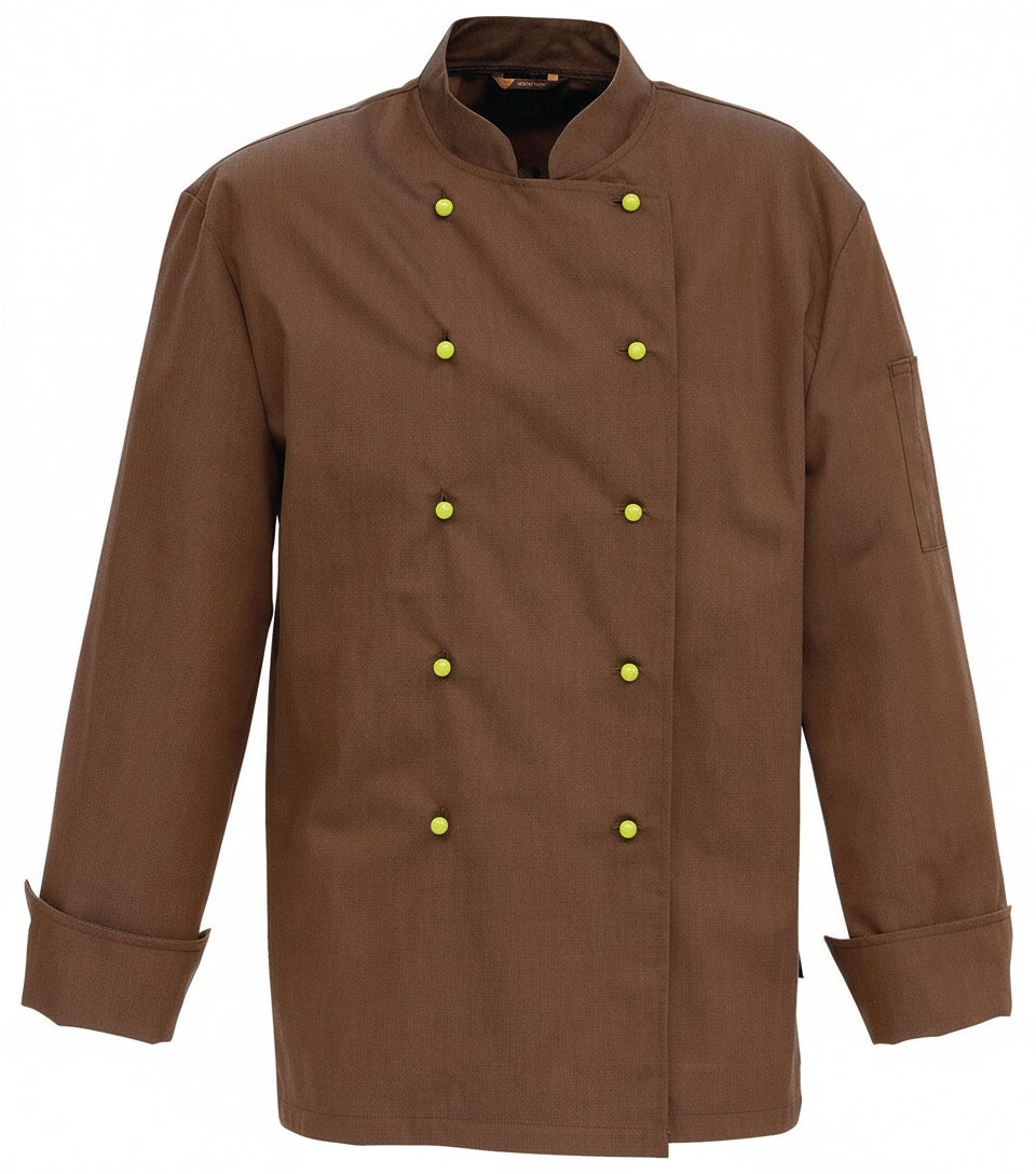 Ruskea perinteisen mallinen kokkitakki. Pitkät käännettävät hihat. Pieni pystykaulus. Kuvassa keltaiset irtonapit. 