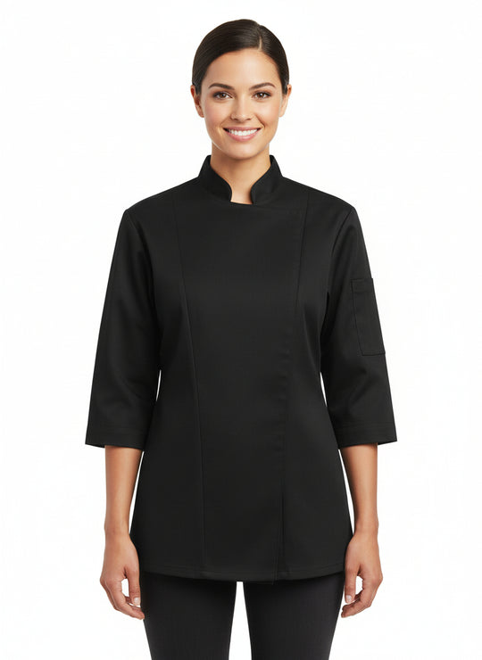 Naisten kokkitakki neppareilla mustassa värissä. Aavistuksen tyköistuva malli. 