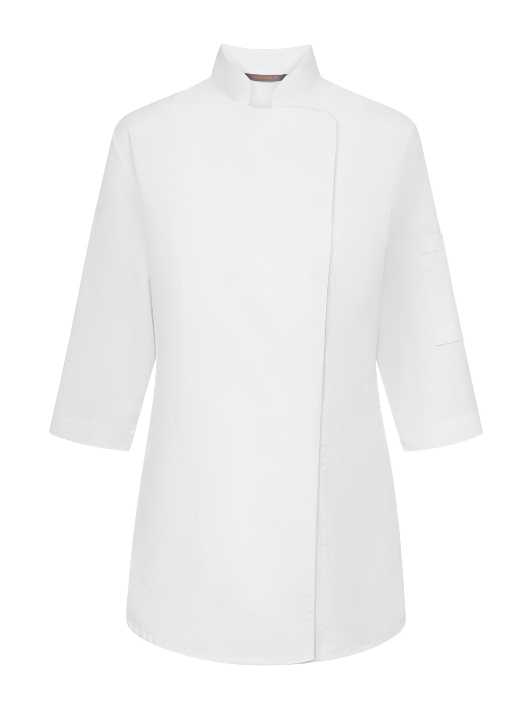 Valkoinen naisten kokkitakki nepparikiinnityksellä. 3/4-hiha. Aavistuksen tyköistuva. 