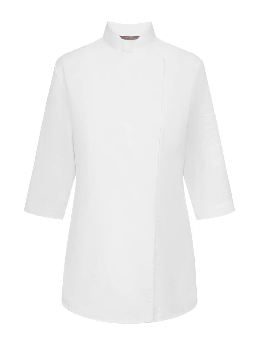 Valkoinen kokkitakki naisten mitoituksella. 3/4-hiha. Pieni pystykaulus. Aavistuksen tyköistuva malli. 