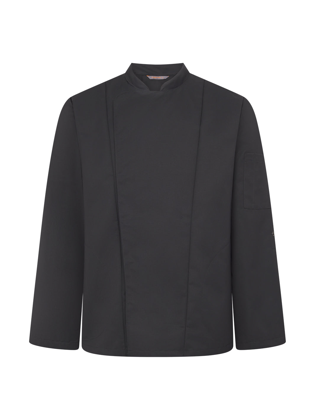 Musta kokkitakki nepparikiinnityksellä.