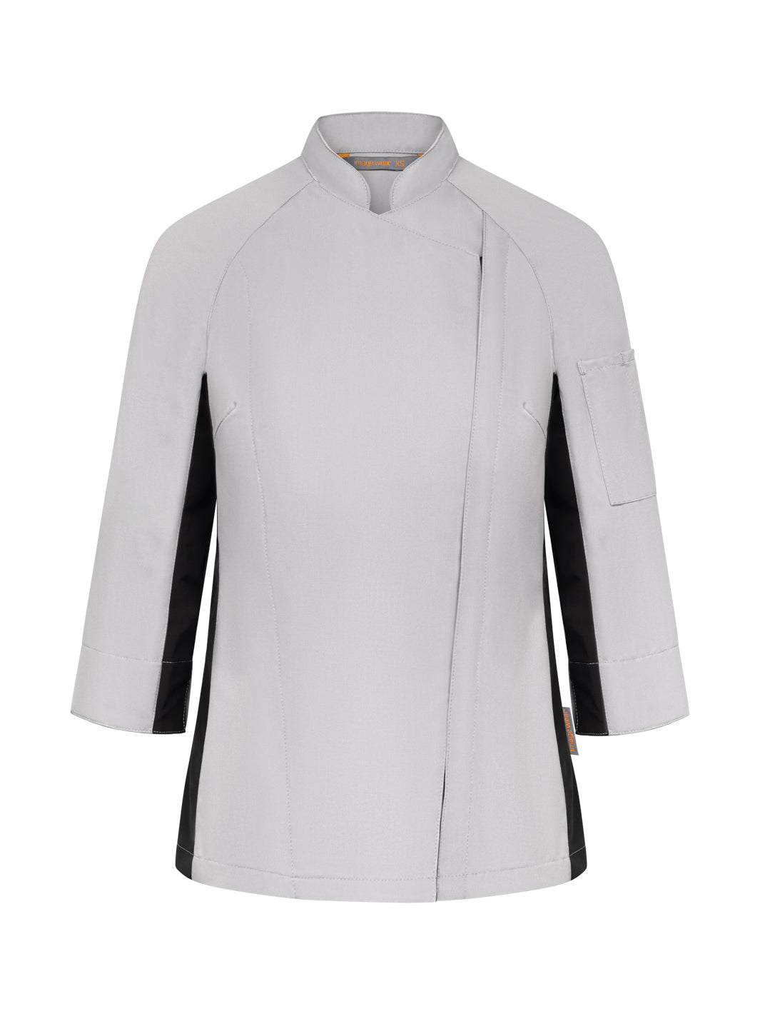 Kuvassa harmaa-musta vetoketjullinen kokintakki 3/4-hihalla. Vasemmassa hihassa tasku.  