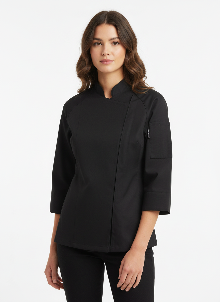 Kuvassa naisella päällä Image Wearin musta vetoketjullinen kokin takki ja mustat kokin housut. 