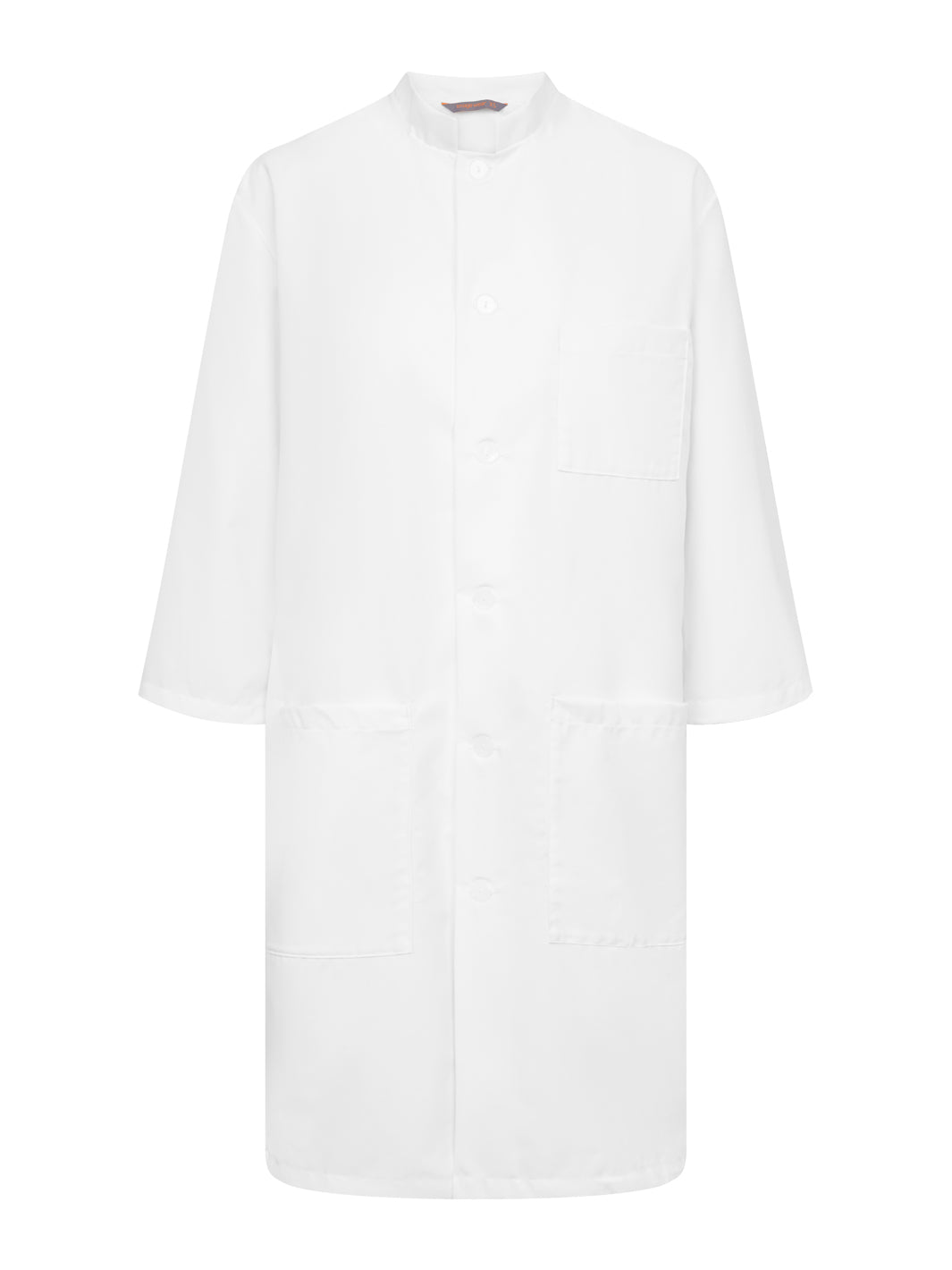 Unisex lääkärintakki pitkillä hihoilla. Pieni pystykaulus. Isot etutaskut ja rintatasku. 