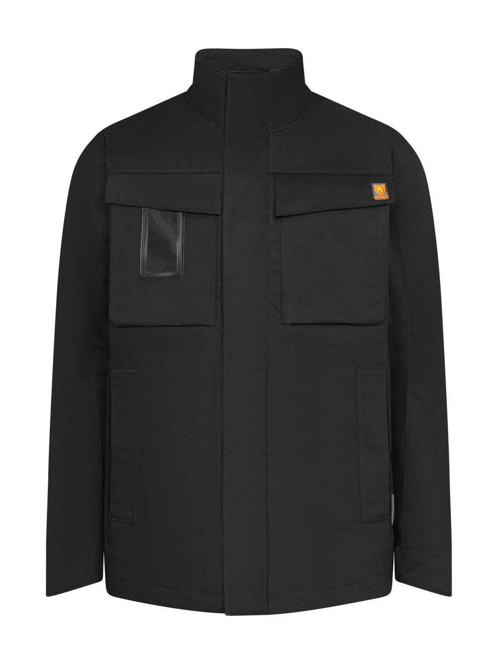Musta palosuojattu työtakki. Isot läpälliset rintataskut sekä käyntikorttikotelo, myös alataskut. Listan alla vetoketjukiinnitys. 
