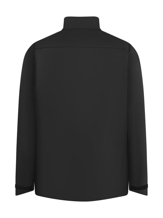 Musta palosuojattu työtakki takaapäin kuvattuna. 