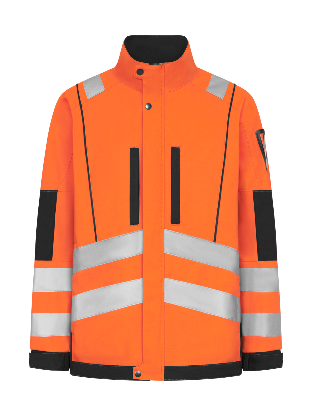 Oranssi näkyvä varoitustakki, jossa heijastinnauhat olalla, hihoissa ja miehustassa. Runsaasti taskuja, vetoketju kiinnitys, pystykaulus, vasemmassa hihassa ID korttikotelo. 