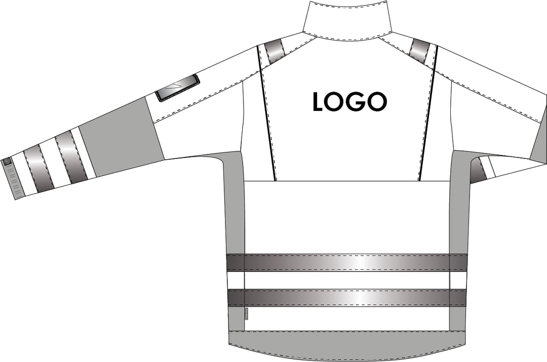 Piirroskuva esimerkkinä mihin kohtaan varoitustakin yläselkään voidaan laittaa logopainatus.