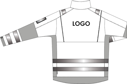 Piirroskuva esimerkkinä mihin kohtaan varoitustakin yläselkään voidaan laittaa logopainatus.