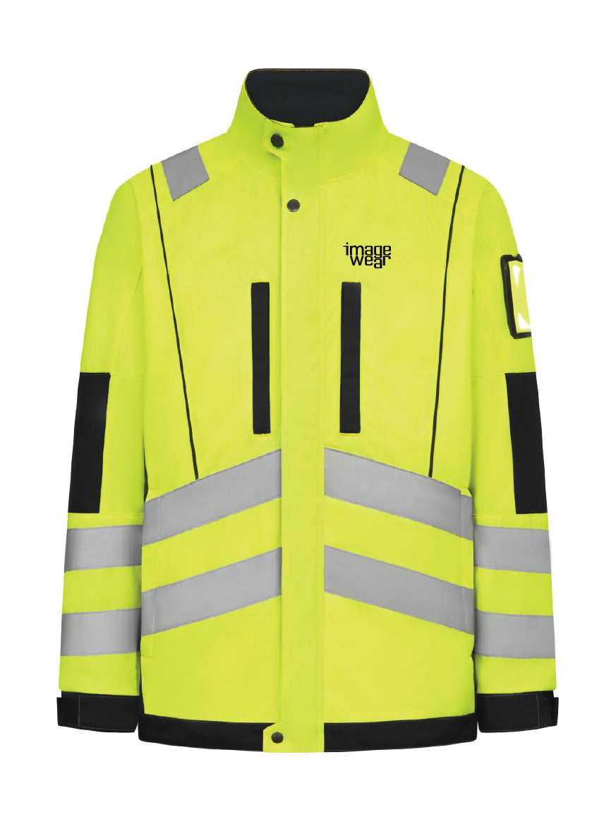 Kuva Image Wearin keltaisesta varoitustakista, johon on esimerkkinä painettu Image Wearin yrityslogo mustalla vasempaan rintaan.