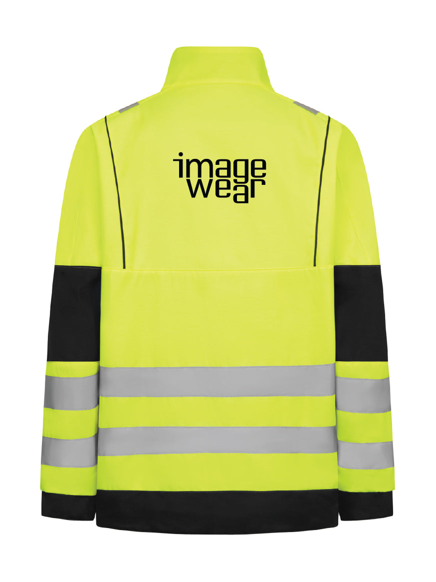 Kuva Image Wearin keltaisesta varoitustakista, johon on esimerkkinä painettu Image Wearin yrityslogo mustalla yläselkään.
