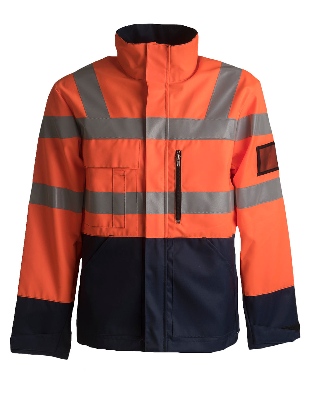 Oranssi-tummansininen varoitustakki. Vasemmassa hihassa henkilökorttitasku. Kaksi rintataskua, joista vasemmassa on vetoketju ja oikeassa tarraläppä. Oikean rintataskun päällä on lisäksi kynätasku sekä etutasku. Oikealla puolella vetoketjullinen povitasku. Alataskut.