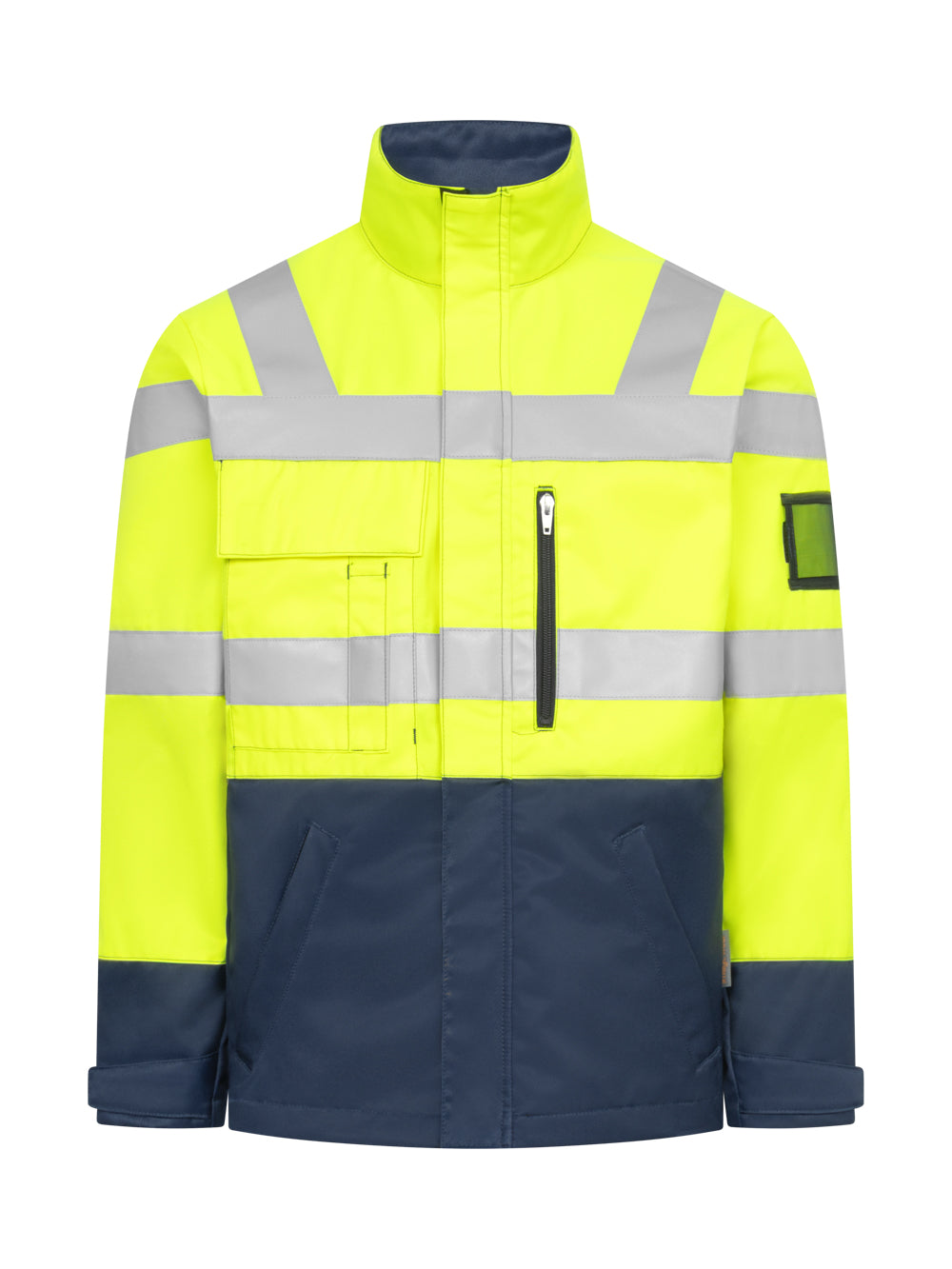 Kelta-tummansininen varoitustakki. Vasemmassa hihassa henkilökorttitasku. Kaksi rintataskua, joista vasemmassa on vetoketju ja oikeassa tarraläppä. Oikean rintataskun päällä on lisäksi kynätasku sekä etutasku. Oikealla puolella vetoketjullinen povitasku. Alataskut.