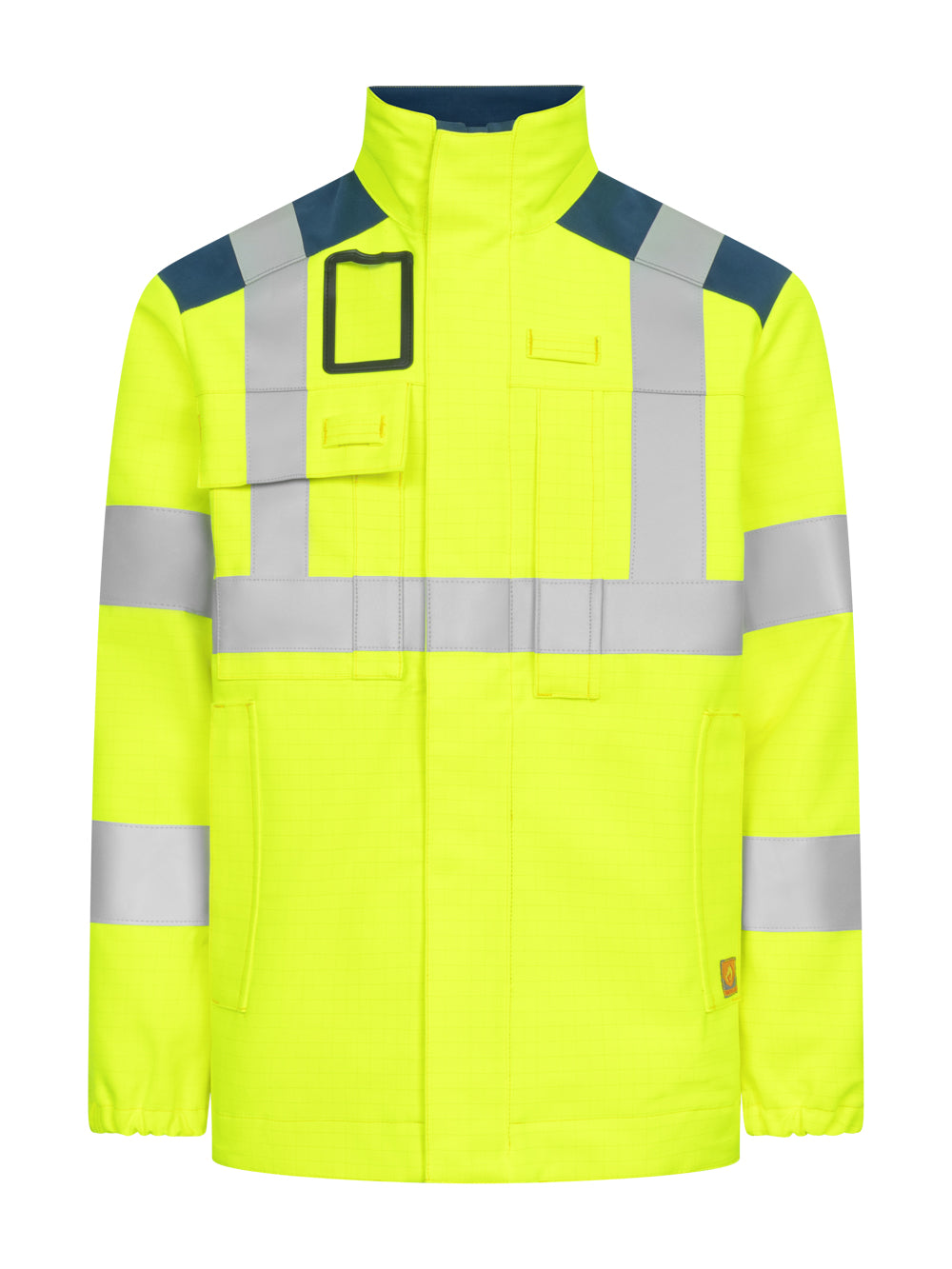 Palosuojattu varoitusvärinen keltainen pusero/takki.  Läpällä suljettava rintatasku ja vasemmalla puolella vetoketjulla suljettava rintatasku. Vetoketjulliset sivutaskut. Tuulensuojalistan alla neppari- ja vetoketjukiinnitys. Joustavat hihansuut. Runsaasti heijastimia.