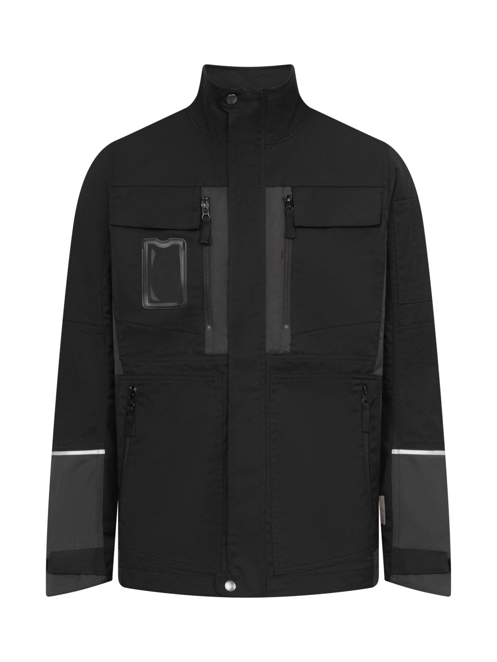 Musta Flexy-sarjan takki. Isot vetoketjulliset rintataskut sekä käyntikorttikotelo. Heijastimet hihoissa ja takana. Pieni pystykaulus.