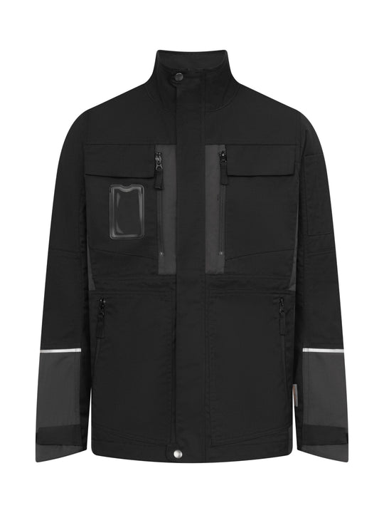 Musta Flexy-sarjan takki. Isot vetoketjulliset rintataskut sekä käyntikorttikotelo. Heijastimet hihoissa ja takana. Pieni pystykaulus.