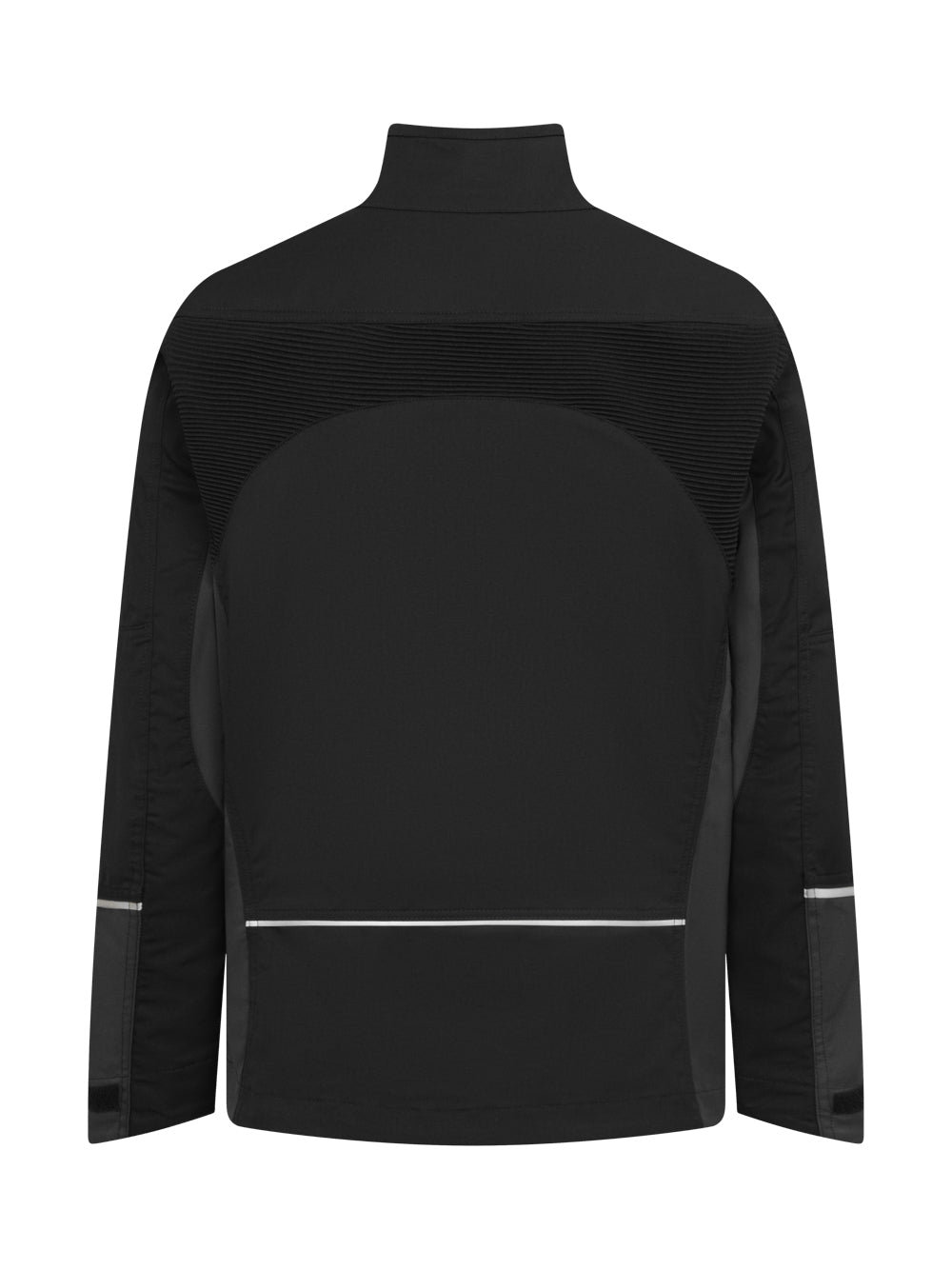 Flexy-sarjan musta takki takaapäin kuvattuna.  Heijastimet hihoissa ja takana. 