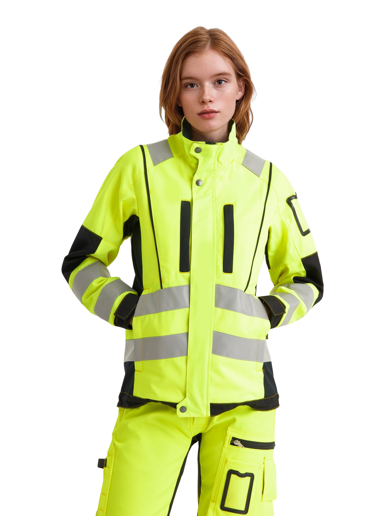 Kuvassa naismallilla päällä Image Wearin keltainen naisten varoitustakki sekä keltaiset varoitushousut. 