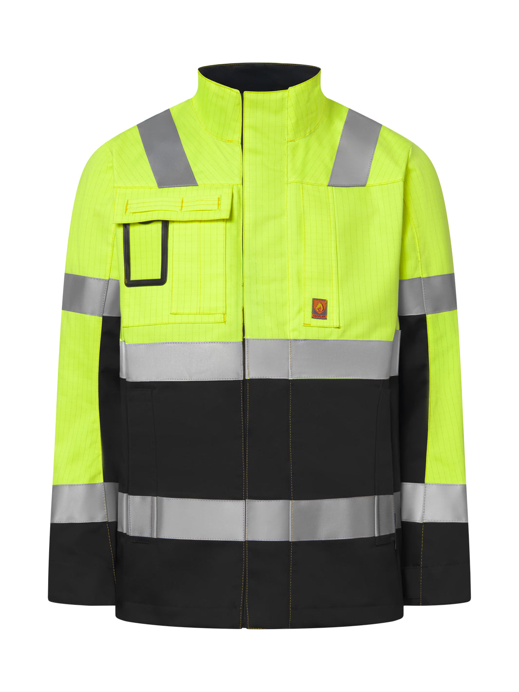Miesten palosuojattu varoitustakki keltamustassa värissä. Takissa on paljon taskuja. ID-korttikotelo vasemman rintataskun päällä. Heijastinnauhat olalla, miehustassa sekä hihoissa. Pieni pystykaulus. 