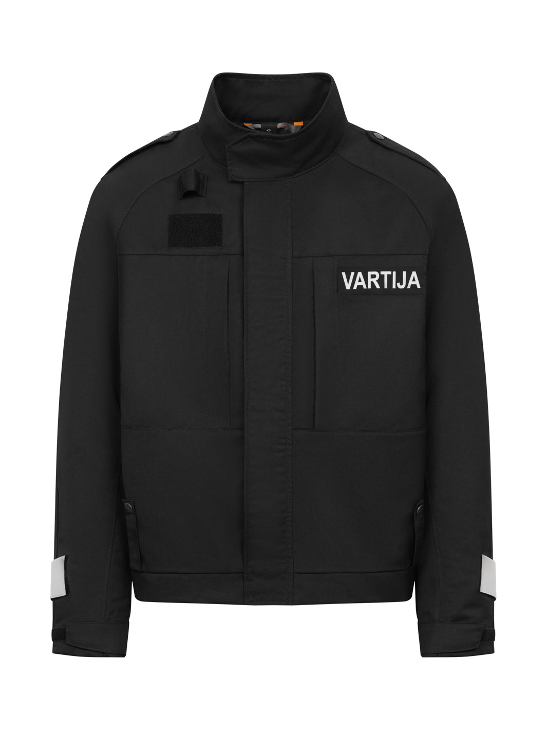 Musta taktinen vartijan irtovuoritakki, jossa kätevät vetoketjulliset rintataskut ja neppareilla kiinnitettävä irtovuori.