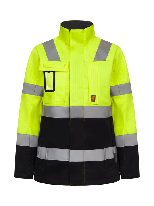 Palosuojattu kelta-musta varoitustakki.