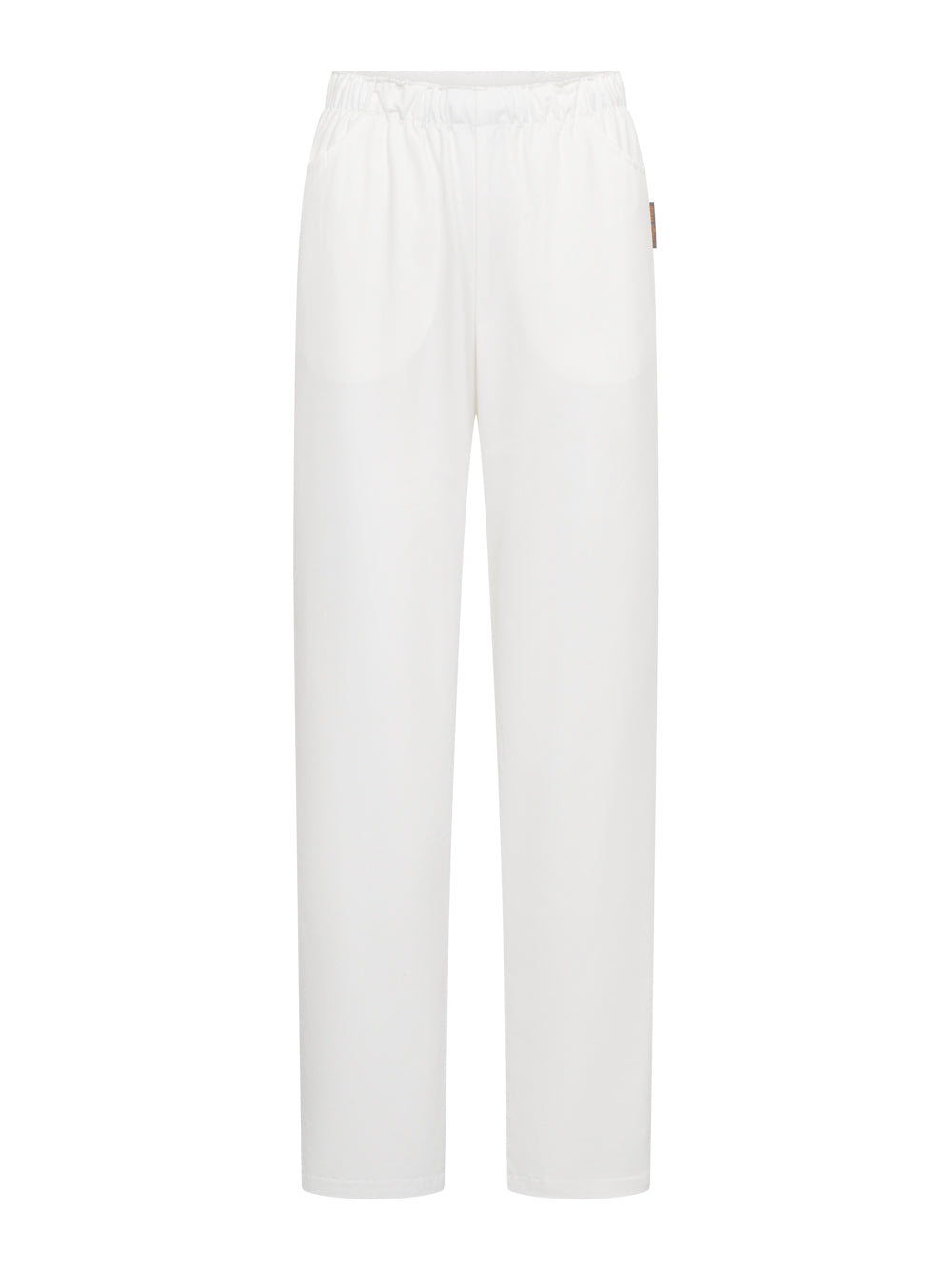 Valkoiset unisex työhousut kuminauhavyötäröllä sekä säädettävällä nauhakiristyksellä. Sivutaskut ja suorat lahkeet. 