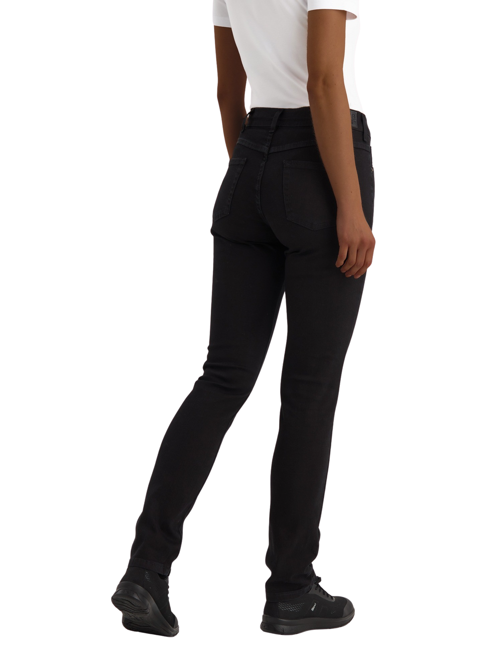 Kuva Image Wearin mustista joustavista työfarkuista takaapäin kuvattuna. 