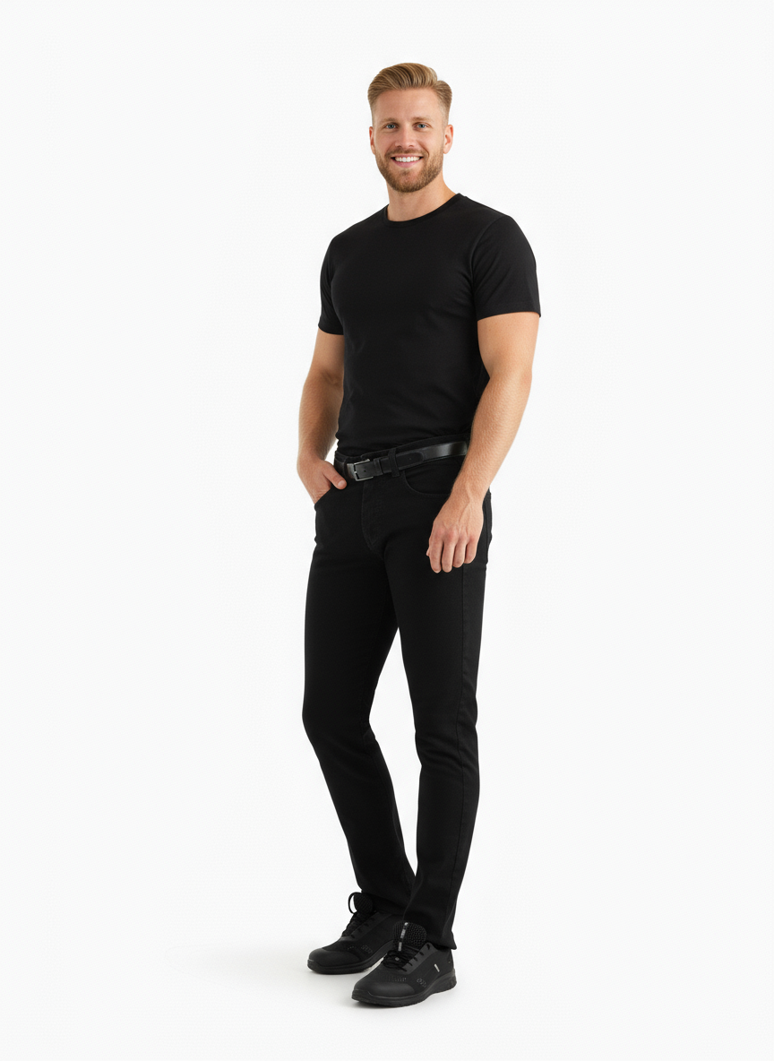 Kuvassa miesmallilla päällä Image Wearin musta t-paita ja työfarkut. Jalassa mallilla Sievin Fly fresh-työlenkkarit. 