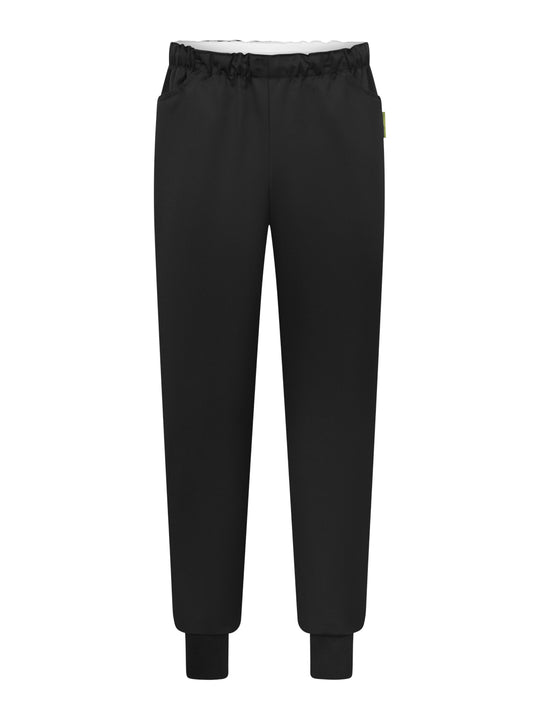 Takakuva mustista kuminauhavyötäröisistä housuista. 