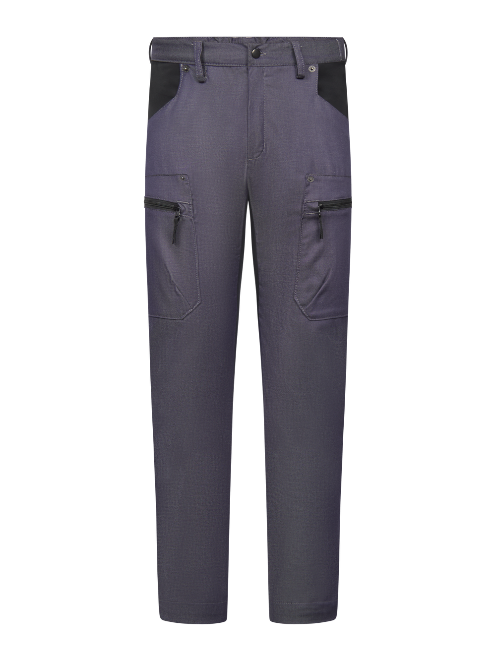 Miesten siniset joustavat reisitaskuhousut denim-kankaasta. Vetoketjulliset reisitaskut. 