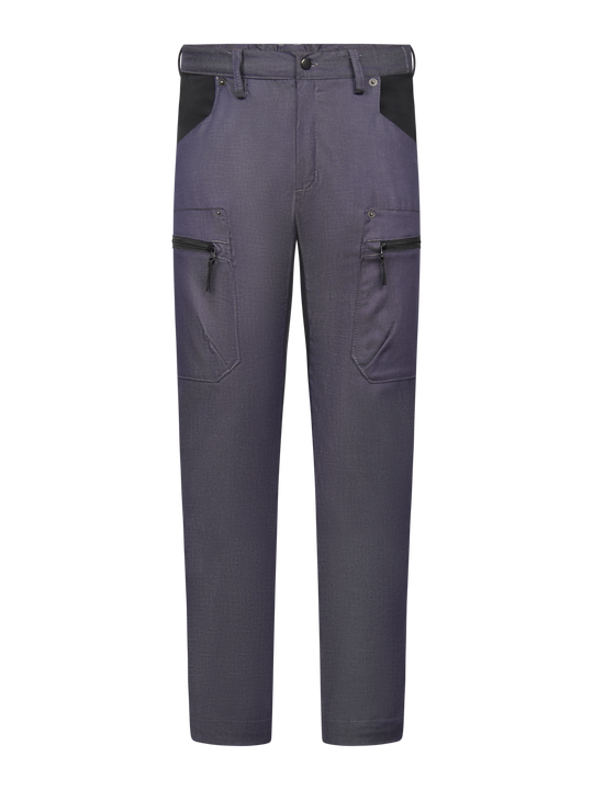 Miesten siniset joustavat reisitaskuhousut denim-kankaasta. Vetoketjulliset reisitaskut. 