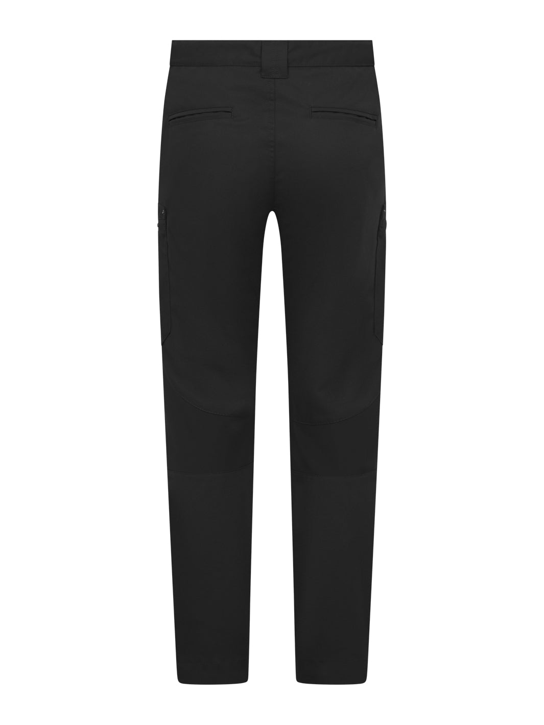 Miesten mustat reisitaskuhousut takaapäin kuvattuna. Takataskut. Vyötärönauhassa takana keskellä leveämpi kaitale, jotta vyö pysyy paremmin paikoillaan. 