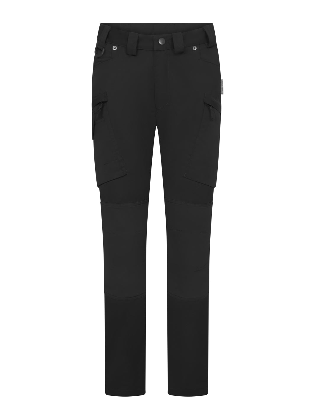 Mustat naisten joustavat reisitaskuhousut.  Vyötäröllä on sisäpuolella säädettävä kuminauha ja 7 vyölenkkiä. Housuissa on vetoketjulliset reisitaskut molemmilla puolilla. Oikean reisitaskun päällä on puhelin- ja kynätasku. Housuissa on myös sivutaskut ja vetoketjukiinnitys.