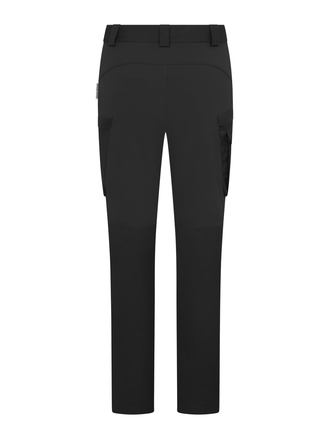 Mustat naisten joustavat reisitaskuhousut takaapäin kuvattuna.  