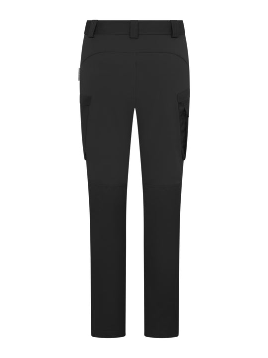 Mustat naisten joustavat reisitaskuhousut takaapäin kuvattuna.  