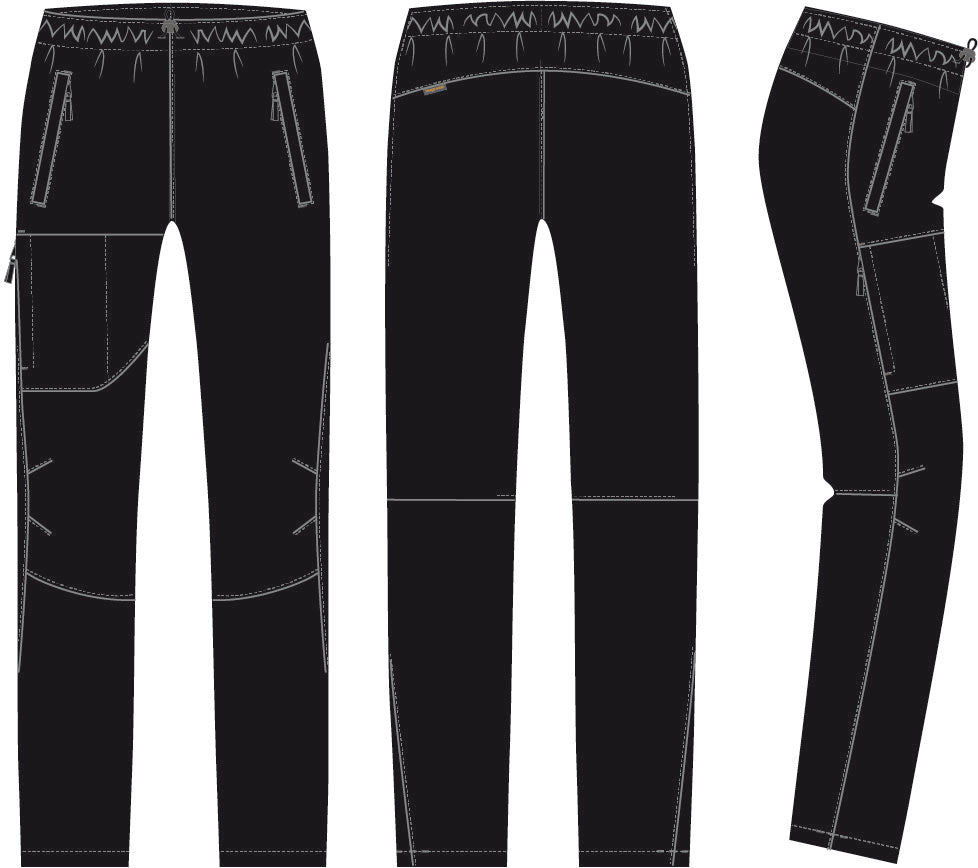 Kuvassa kevyet ja joustavat mustat unisex-työhousut piirroksena. Edestä, takaa ja sivulta kuvattuna.