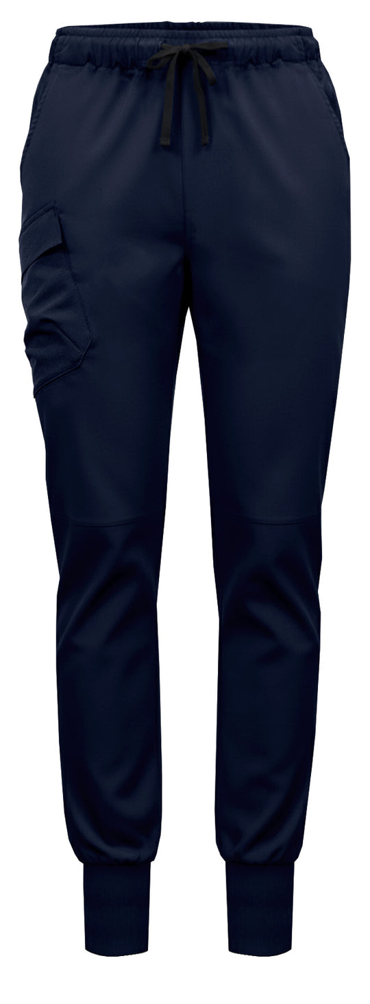 Kuvassa tummansiniset joustavat työhousut säädettävällä vyötärönauhalla. Lahkeissa säädettävät resorit. 